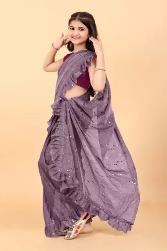 Maroon Pure Silk Woven Ruffle Saree with stitched blouse for girls