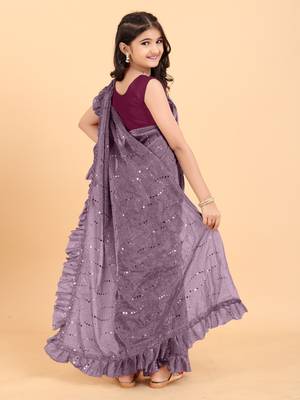 Maroon Pure Silk Woven Ruffle Saree with stitched blouse for girls 3