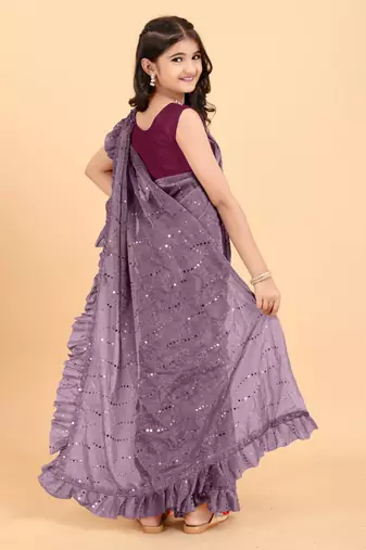 Maroon Pure Silk Woven Ruffle Saree with stitched blouse for girls