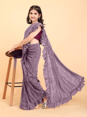 Maroon Pure Silk Woven Ruffle Saree with stitched blouse for girls 4