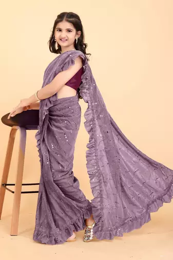 Maroon Pure Silk Woven Ruffle Saree with stitched blouse for girls