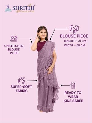 Maroon Pure Silk Woven Ruffle Saree with stitched blouse for girls 5
