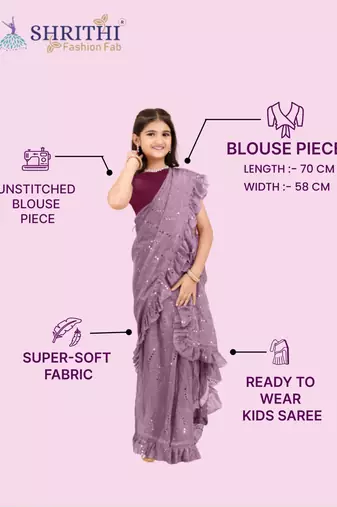 Maroon Pure Silk Woven Ruffle Saree with stitched blouse for girls