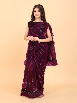 Purple Super Net Woven Kids Saree with stitched blouse for girls 1