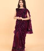 Purple Super Net Woven Kids Saree with stitched blouse for girls
