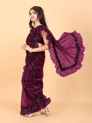 Purple Super Net Woven Kids Saree with stitched blouse for girls 2
