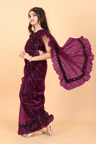 Purple Super Net Woven Kids Saree with stitched blouse for girls