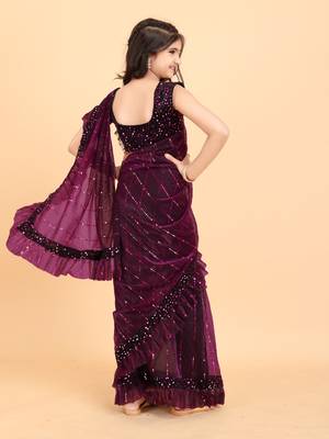 Purple Super Net Woven Kids Saree with stitched blouse for girls 3