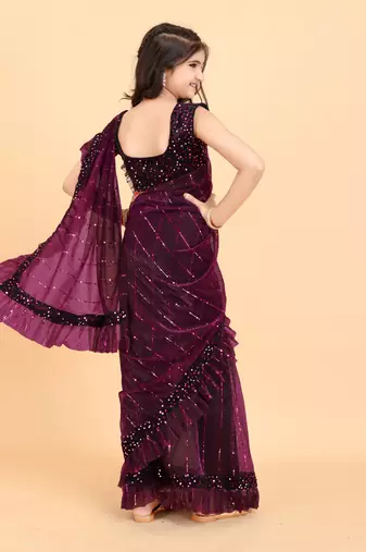 Purple Super Net Woven Kids Saree with stitched blouse for girls