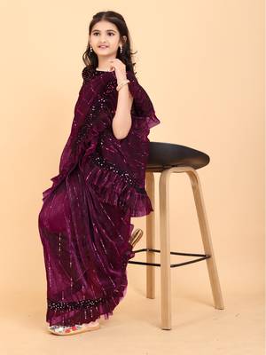 Purple Super Net Woven Kids Saree with stitched blouse for girls 4