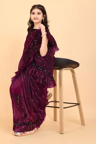 Purple Super Net Woven Kids Saree with stitched blouse for girls