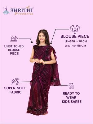 Purple Super Net Woven Kids Saree with stitched blouse for girls 5