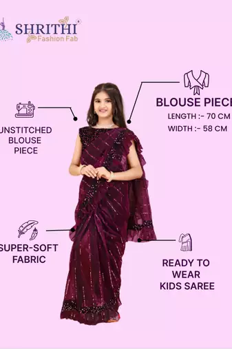 Purple Super Net Woven Kids Saree with stitched blouse for girls