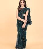 Dark Green Super Net Woven Kids Saree with stitched blouse for girls