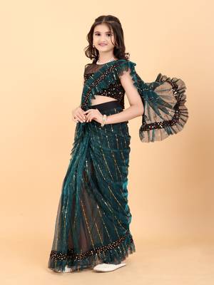 Dark Green Super Net Woven Kids Saree with stitched blouse for girls 2