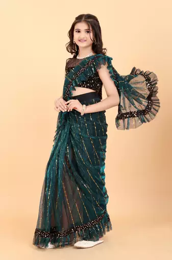Dark Green Super Net Woven Kids Saree with stitched blouse for girls