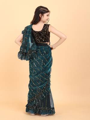 Dark Green Super Net Woven Kids Saree with stitched blouse for girls 3