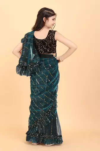 Dark Green Super Net Woven Kids Saree with stitched blouse for girls