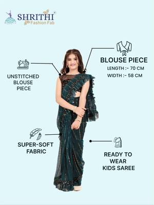 Dark Green Super Net Woven Kids Saree with stitched blouse for girls 5