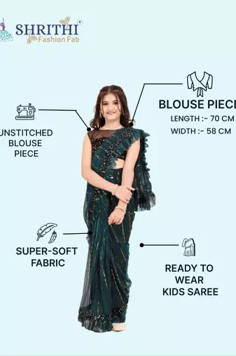 Dark Green Super Net Woven Kids Saree with stitched blouse for girls