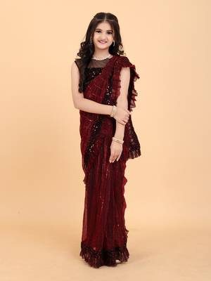 Maroon Super Net Sequin Work Girls Stitched Saree with stitched blouse for girls 1