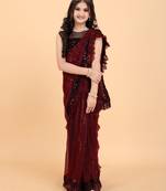 Maroon Super Net Sequin Work Girls Stitched Saree with stitched blouse for girls