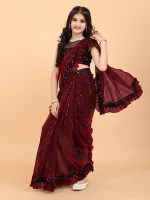 Maroon Super Net Sequin Work Girls Stitched Saree with stitched blouse for girls 2