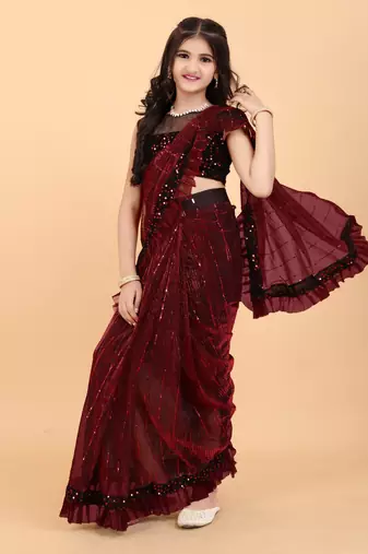 Maroon Super Net Sequin Work Girls Stitched Saree with stitched blouse for girls