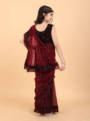 Maroon Super Net Sequin Work Girls Stitched Saree with stitched blouse for girls 3