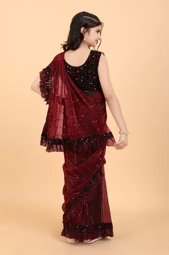 Maroon Super Net Sequin Work Girls Stitched Saree with stitched blouse for girls