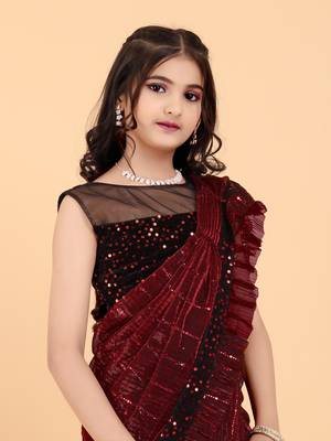 Maroon Super Net Sequin Work Girls Stitched Saree with stitched blouse for girls 4