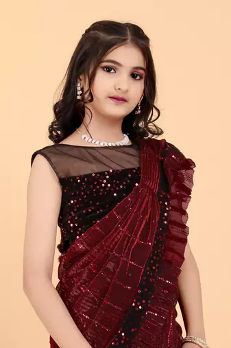 Maroon Super Net Sequin Work Girls Stitched Saree with stitched blouse for girls