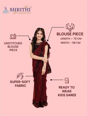 Maroon Super Net Sequin Work Girls Stitched Saree with stitched blouse for girls 5