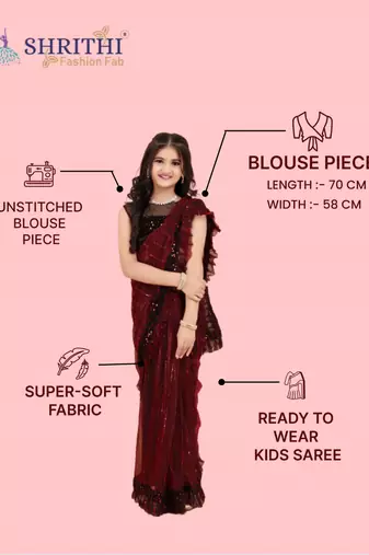 Maroon Super Net Sequin Work Girls Stitched Saree with stitched blouse for girls