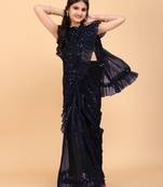 New designer super net ready to wear tikli kid saree with unstitch sequence blouse piece