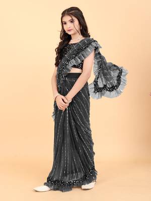 New designer super net ready to wear tikli kid saree with unstitch sequence blouse piece 2