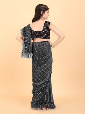 New designer super net ready to wear tikli kid saree with unstitch sequence blouse piece 3