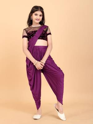 Dark Maroon Lycra Woven Draped Dhoti Saree with stitched blouse for girls 1