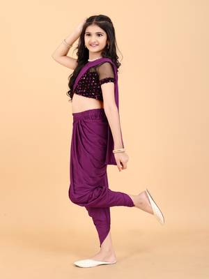 Dark Maroon Lycra Woven Draped Dhoti Saree with stitched blouse for girls 2