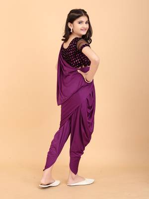 Dark Maroon Lycra Woven Draped Dhoti Saree with stitched blouse for girls 3