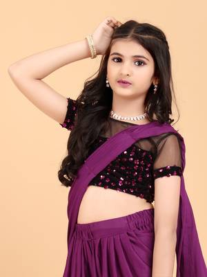 Dark Maroon Lycra Woven Draped Dhoti Saree with stitched blouse for girls 4