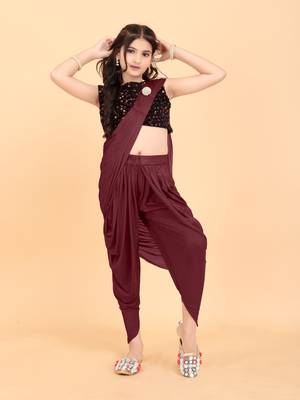 Maroon Lycra Solid Dhoti Style Ready Made Saree with stitched blouse for girls 1