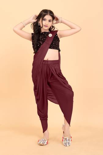 Maroon Lycra Solid Dhoti Style Ready Made Saree for Girls