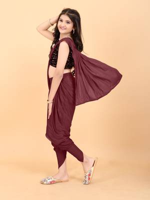 Maroon Lycra Solid Dhoti Style Ready Made Saree with stitched blouse for girls 2