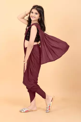 Maroon Lycra Solid Dhoti Style Ready Made Saree with stitched blouse for girls