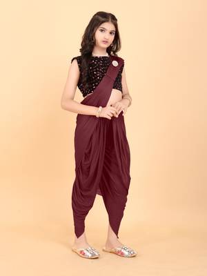 Maroon Lycra Solid Dhoti Style Ready Made Saree with stitched blouse for girls 3