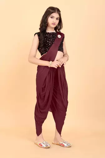 Maroon Lycra Solid Dhoti Style Ready Made Saree with stitched blouse for girls