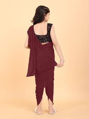Maroon Lycra Solid Dhoti Style Ready Made Saree with stitched blouse for girls 4