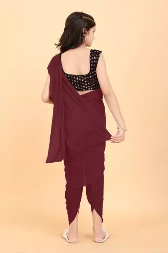 Maroon Lycra Solid Dhoti Style Ready Made Saree with stitched blouse for girls