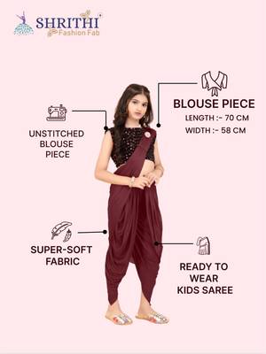 Maroon Lycra Solid Dhoti Style Ready Made Saree with stitched blouse for girls 5
